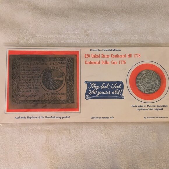 O1 1973 REPLICA of Revolutionary Perio 1776 $ Coin & 1778 20 US Continental Bill - Picture 1 of 5